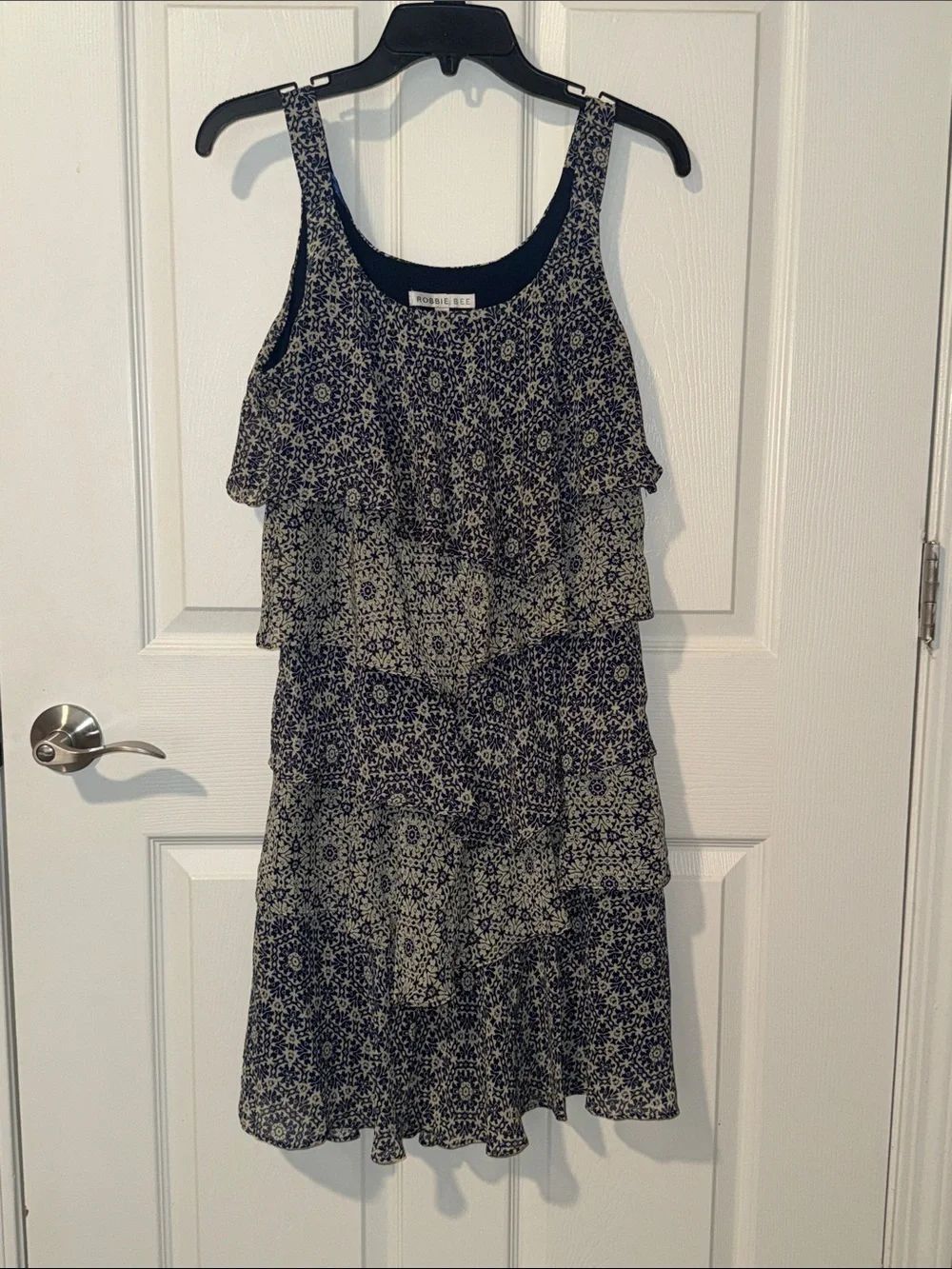 Robbie Bee Navy and Cream Ruffle Tiered Mini Dress